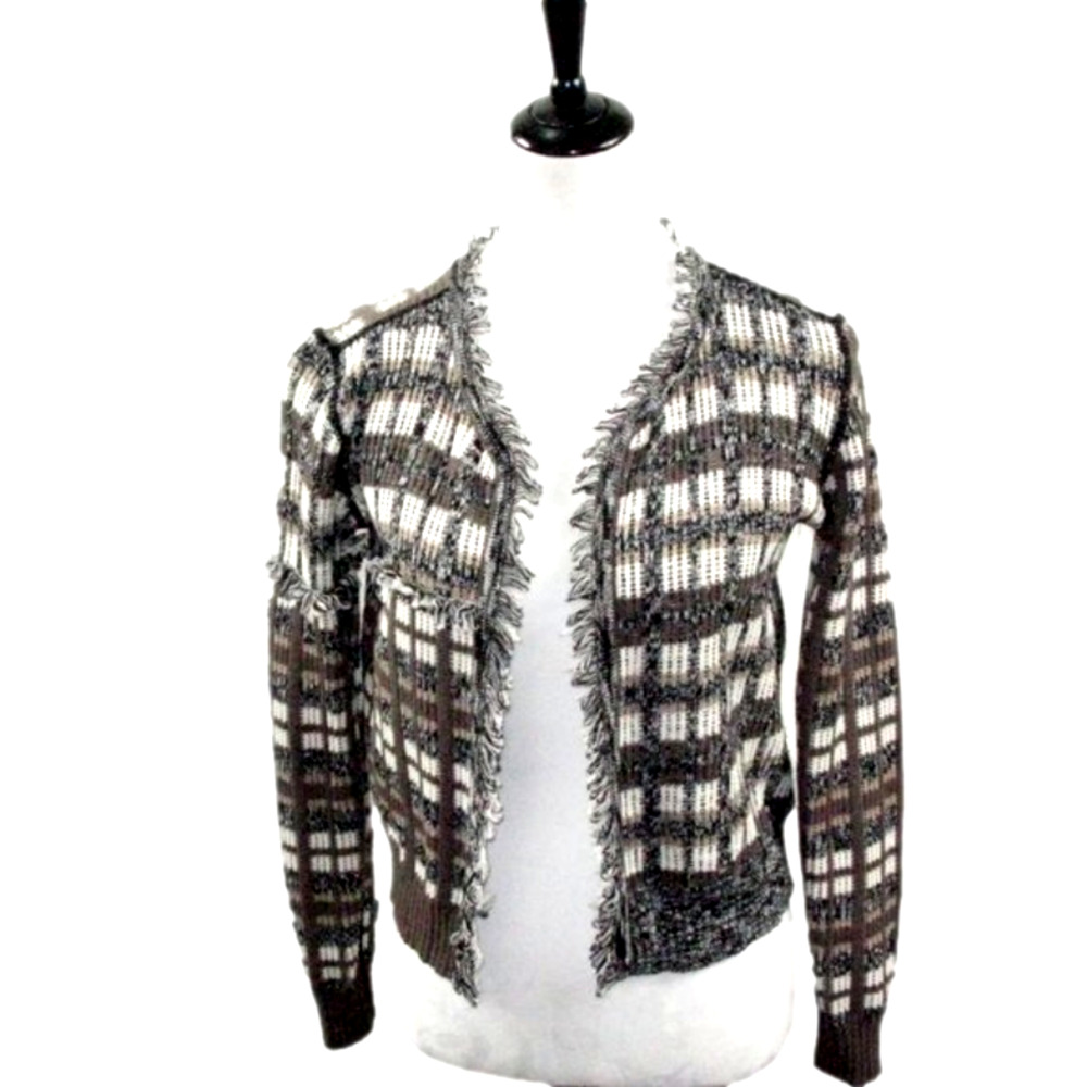 Cabi Brown/White Fringe Trim Open Front Cardigan Size XS